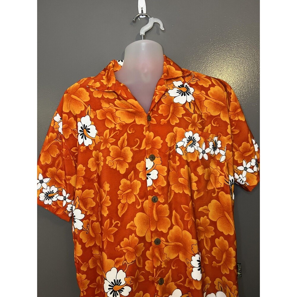 ULUWATU Shirt Mens Large Orange Floral Hawaiian Short Sleeve Button Up Aloha